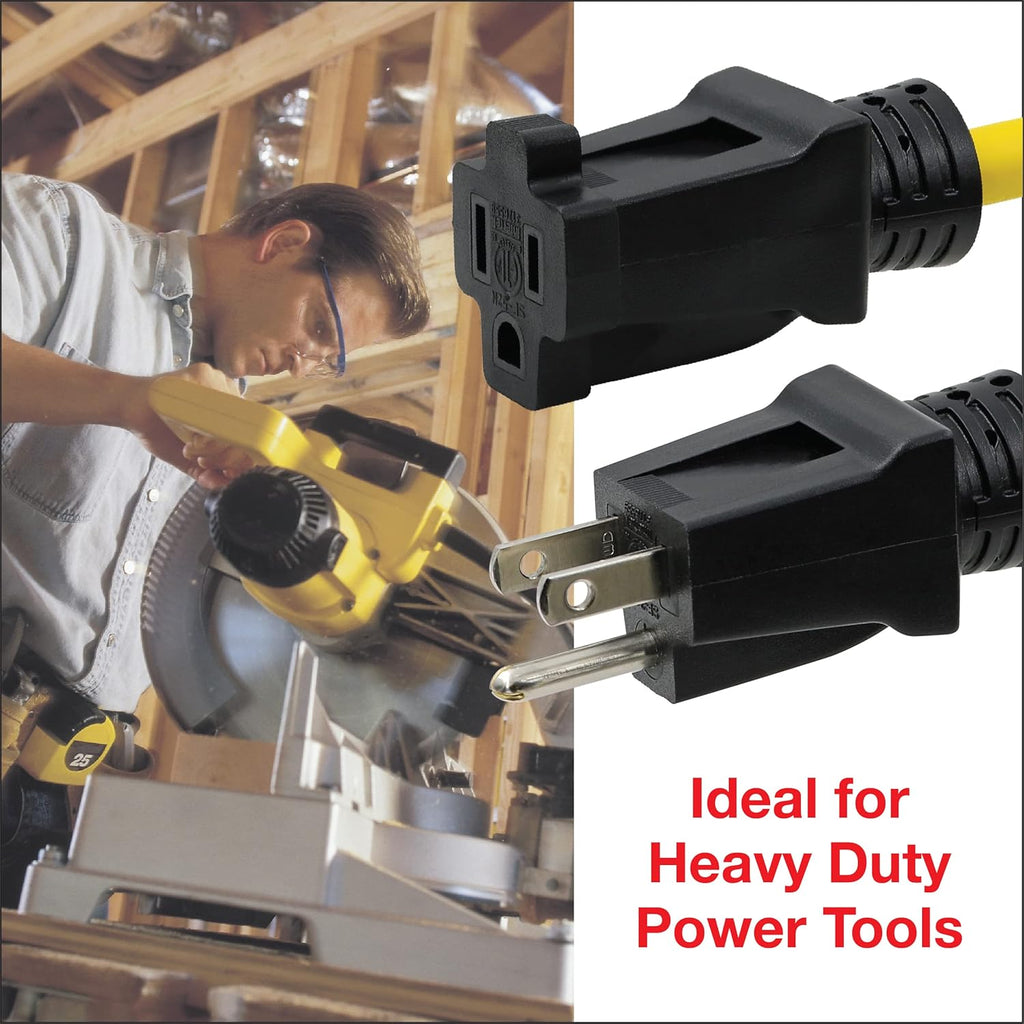 50 ft Heavy Duty Outdoor Extension Cord 12/3 SJTW, Yellow, 3 Prong Grounded Plug R80882