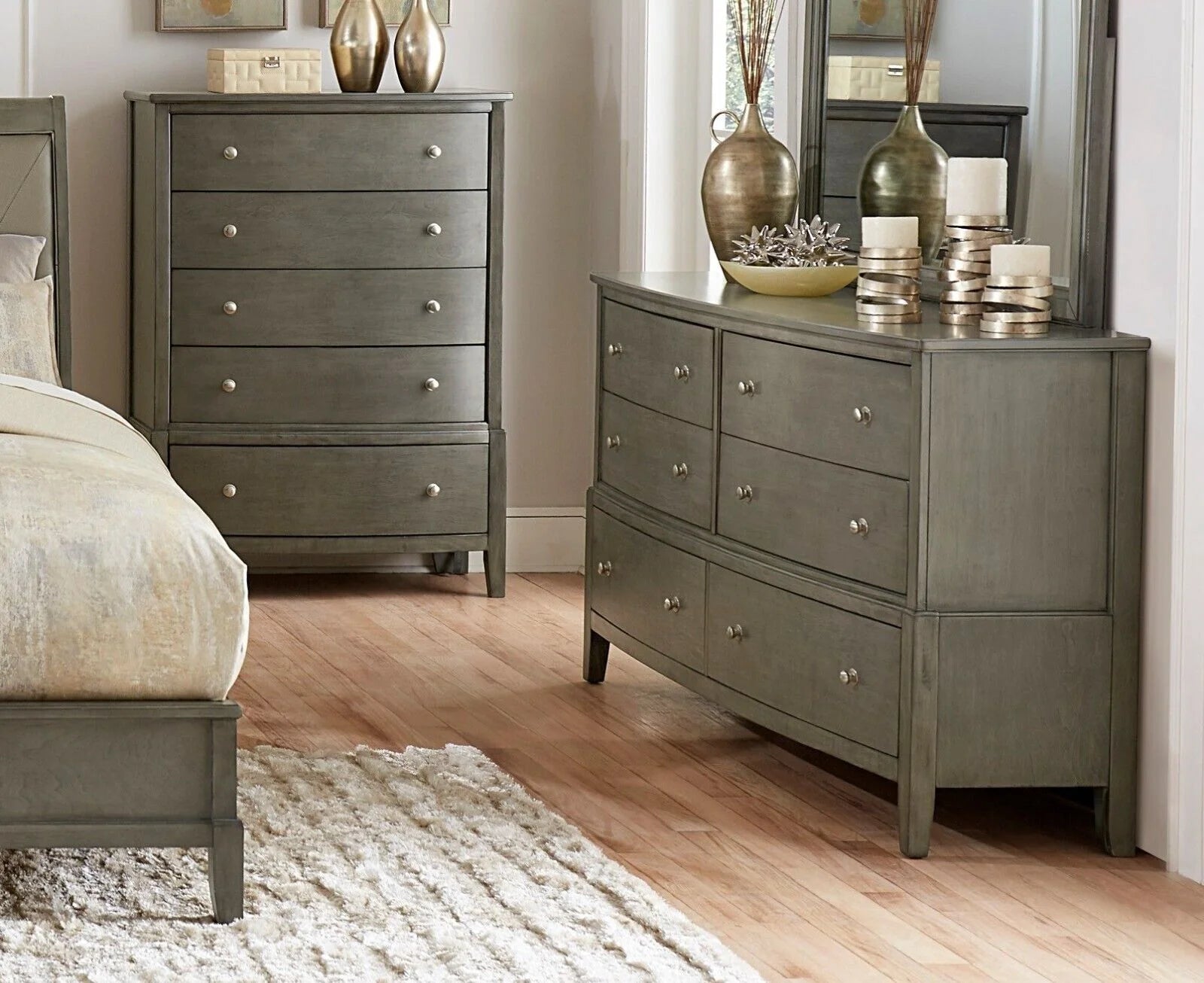 Gray Finish Wooden 5pc Bedroom Set Queen Sleigh Bed Nightstand Dresser Mirror Chest I571
