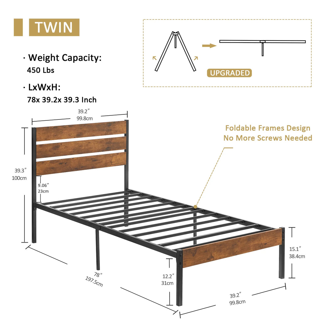 Brown Twin Bed Frame with Wooden Headboard and Metal Slats W915852