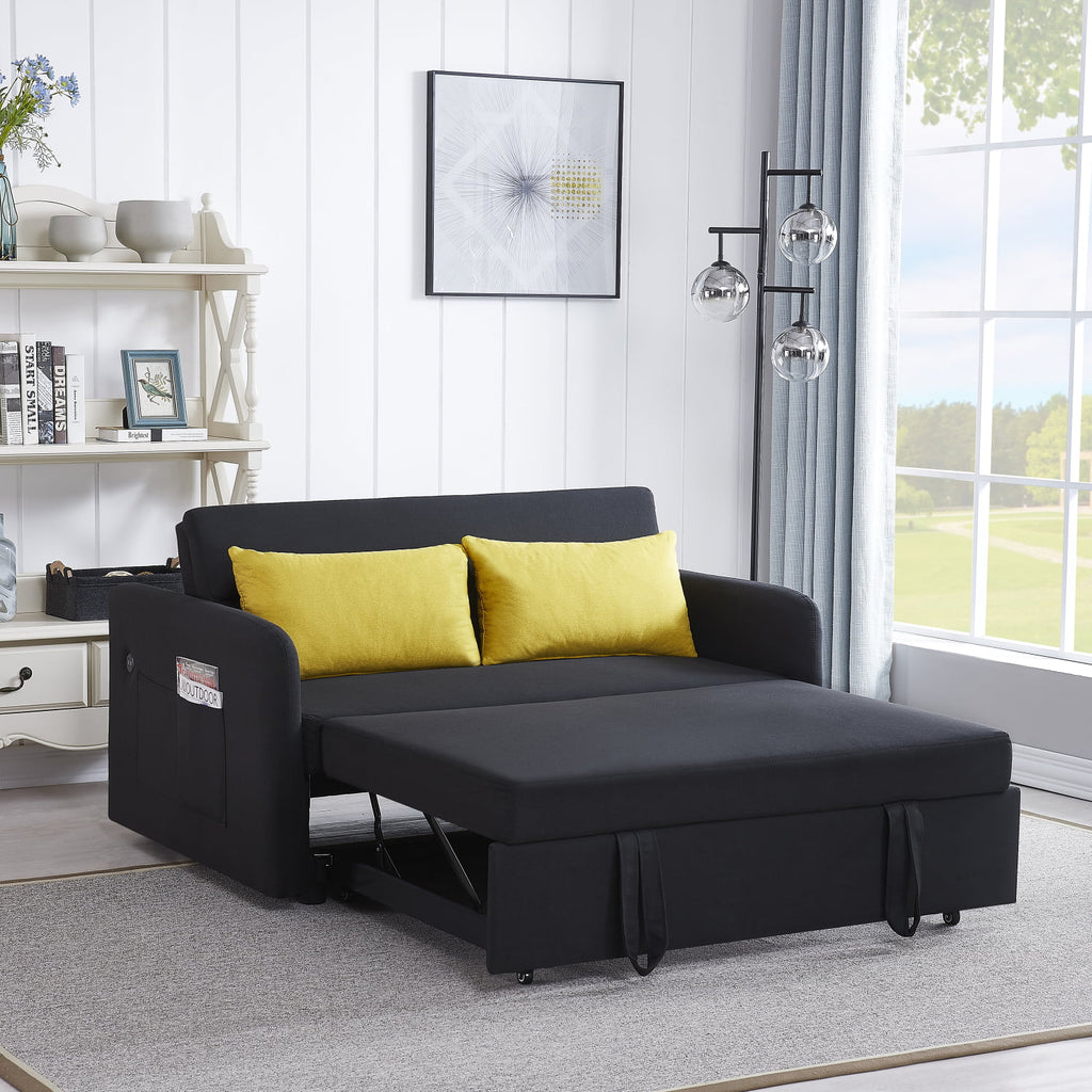 Black Velvet Convertible Loveseat Sleeper Sofa Bed with USB T3429