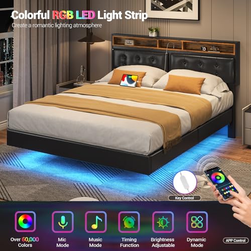 California King Floating Bed Frame with LED Lights, Headboard and Charging Station, Faux Leather Black V3651