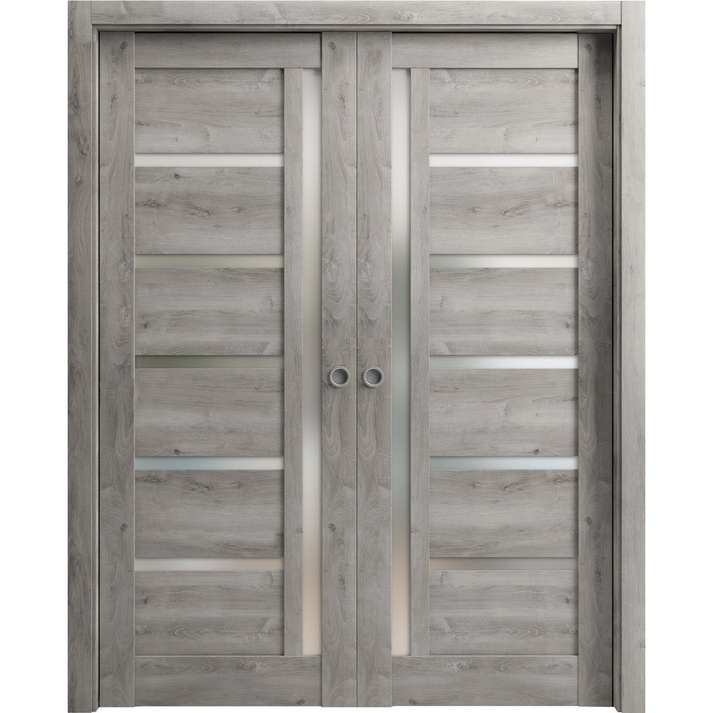 Sliding French Double Pocket Doors 84 x 80 inches Solid Wood with Frosted Glass U859