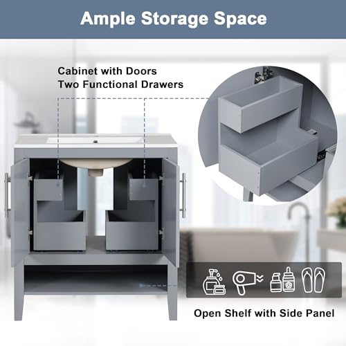 White Solid Wood Bathroom Vanity with Sink and 2 Soft Closing Doors and Drawer Y621802