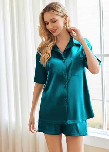 Silk Soft Satin Button Down Pajamas Short Sleeve Top and Shorts 2 Piece Set F6535