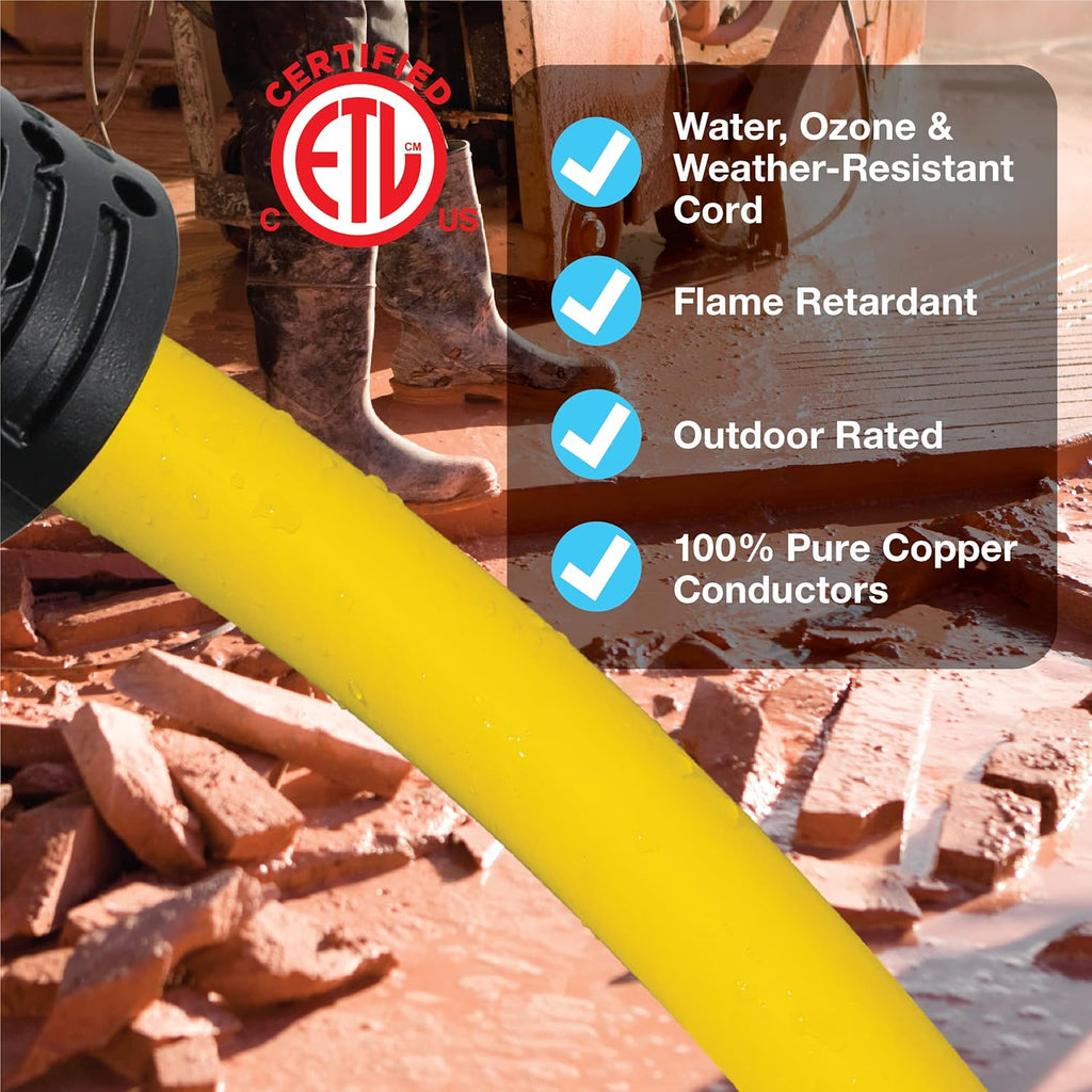 50 ft Heavy Duty Outdoor Extension Cord 12/3 SJTW, Yellow, 3 Prong Grounded Plug R80882
