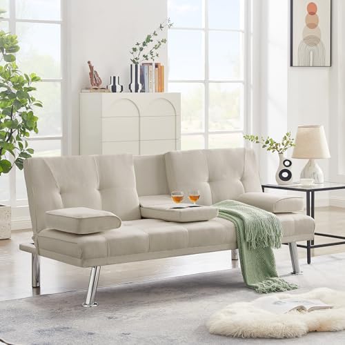 Futon Sofa Bed with Removable Armrests and 2 Cup Holders D4970