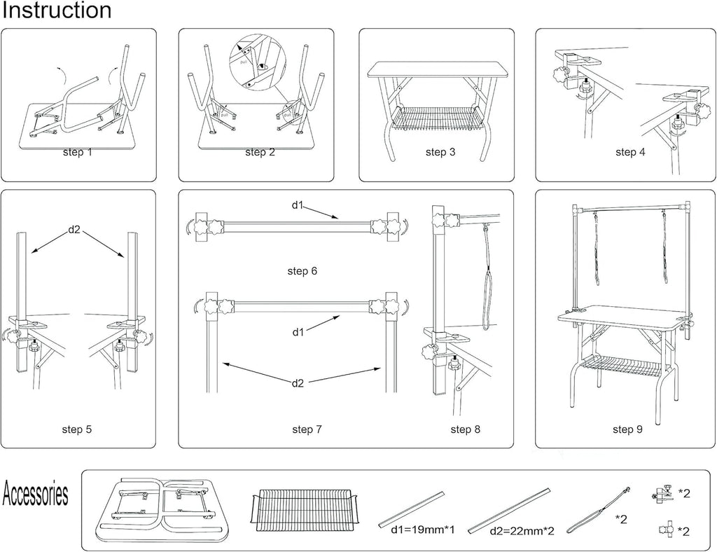 36" Folding Dog Pet Grooming Table with Adjustable Arm and Clamps, Loop Noose Stainless Steel Frame Rubber Mat D992