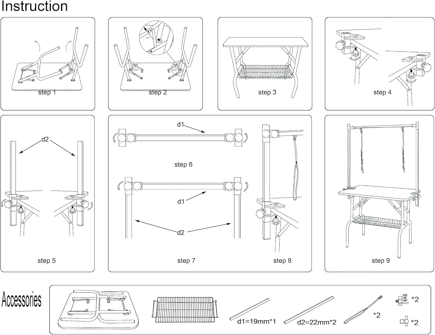 36" Folding Dog Pet Grooming Table with Adjustable Arm and Clamps, Loop Noose Stainless Steel Frame Rubber Mat D992
