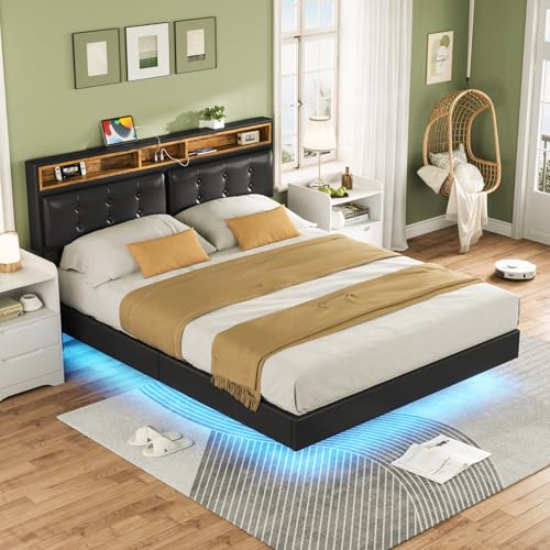 California King Floating Bed Frame with LED Lights, Headboard and Charging Station, Faux Leather Black V3651