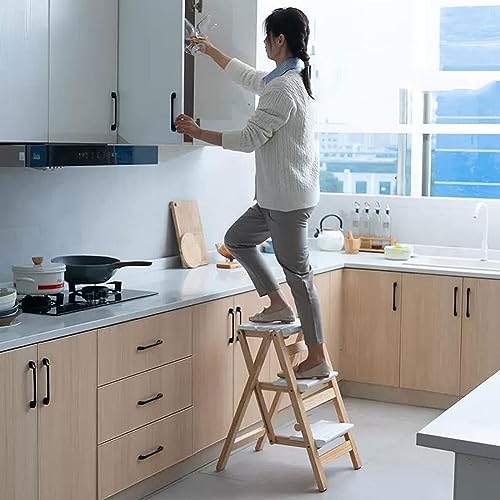 Folding 3 Step Solid Wood Ladder with Anti-Slip Wide Pedal X214159