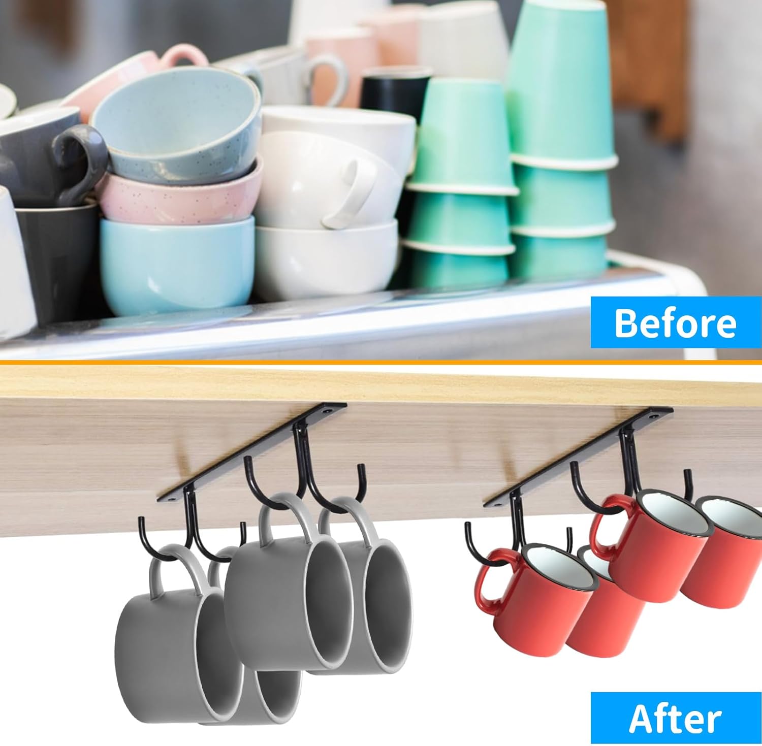 6 Pack Black Under Cabinet Mug Rack with 24 Hooks Z18074