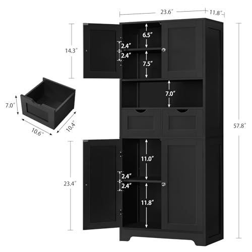 White Tall Bathroom Cabinet with 2 Drawers & 2 Adjustable Shelves & 4 Doors S489