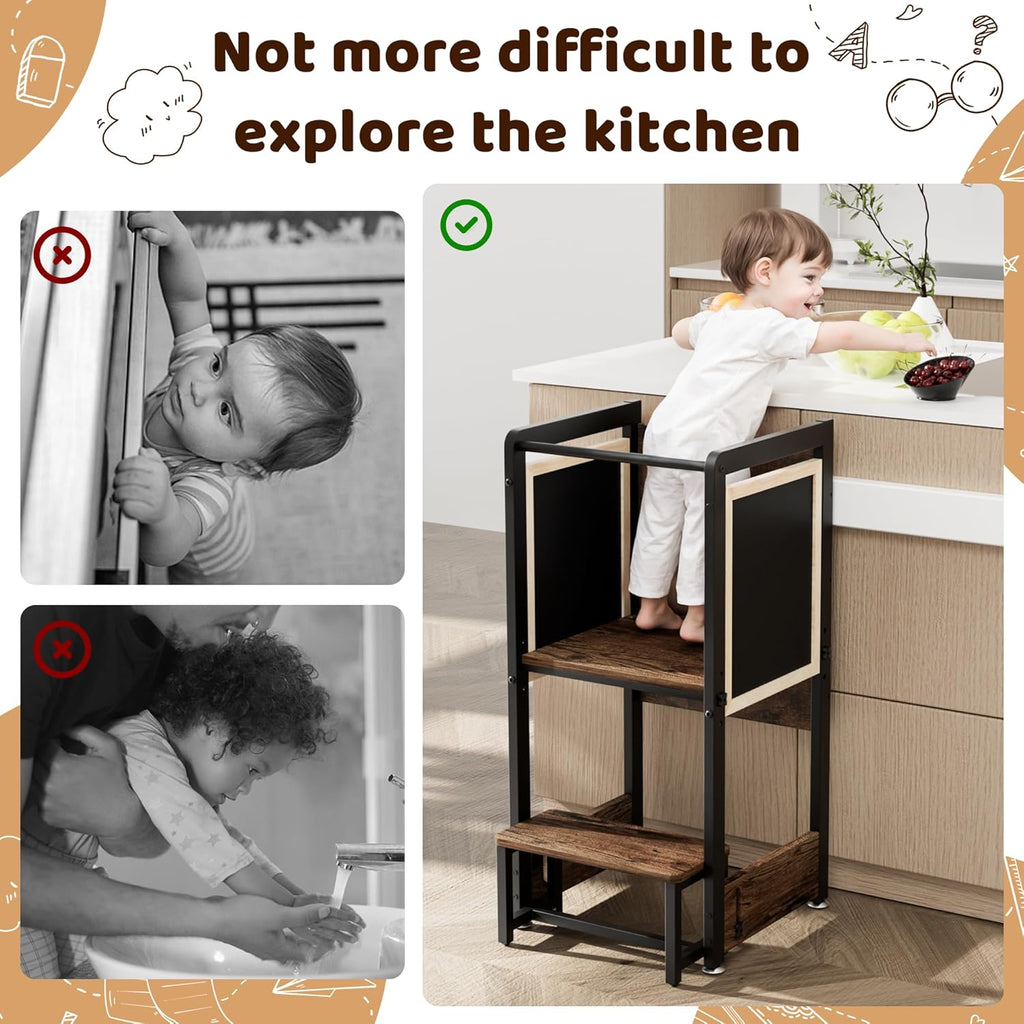 Toddler Kitchen Stool Helper Tower - 4 in 1 Learning Standing Tower, Steel-Wood Step Stool Adjustable Height R50440