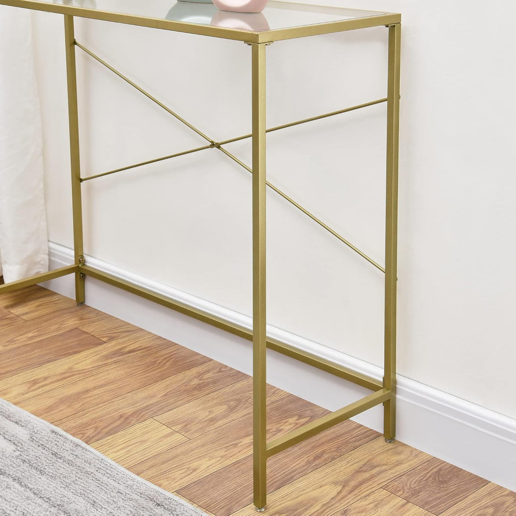 Gold 39.37" Tempered Glass Top Narrow Console Table with Metal Frame Y375194