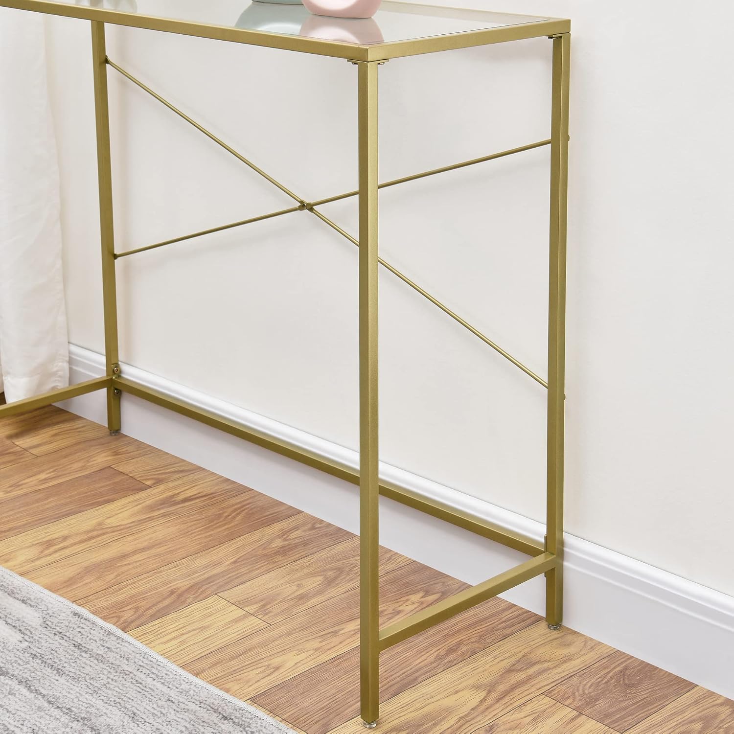 Gold 39.37" Tempered Glass Top Narrow Console Table with Metal Frame Y375194