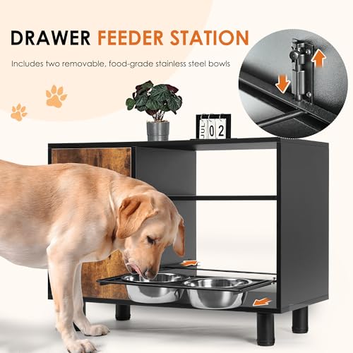 Large Pet Feeder Station with Stainless Steel Double Pull Out Raised Dog Bowls B587