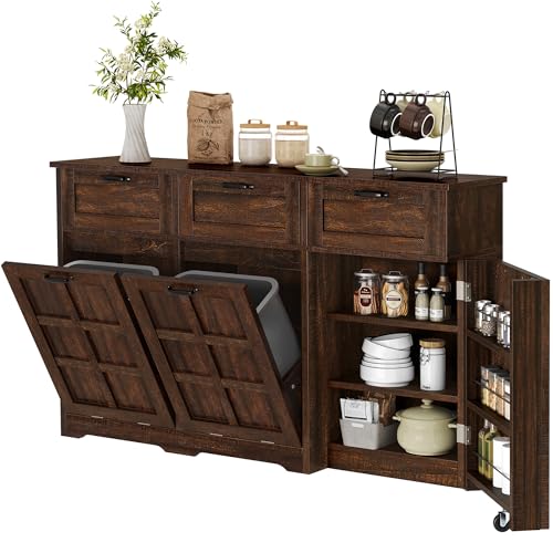 Brown Oak Double Trash Can Cabinet with Drawers F9342