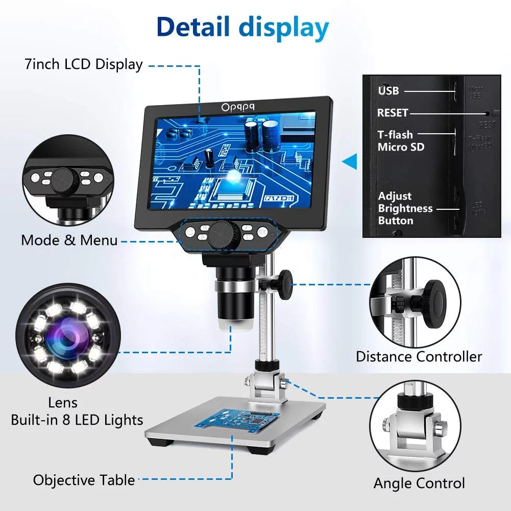 7" LCD Digital Microscope, 1200X Coin Microscope with 32GB Card, 12MP Camera, LED Fill Lights, Wired Remote O621
