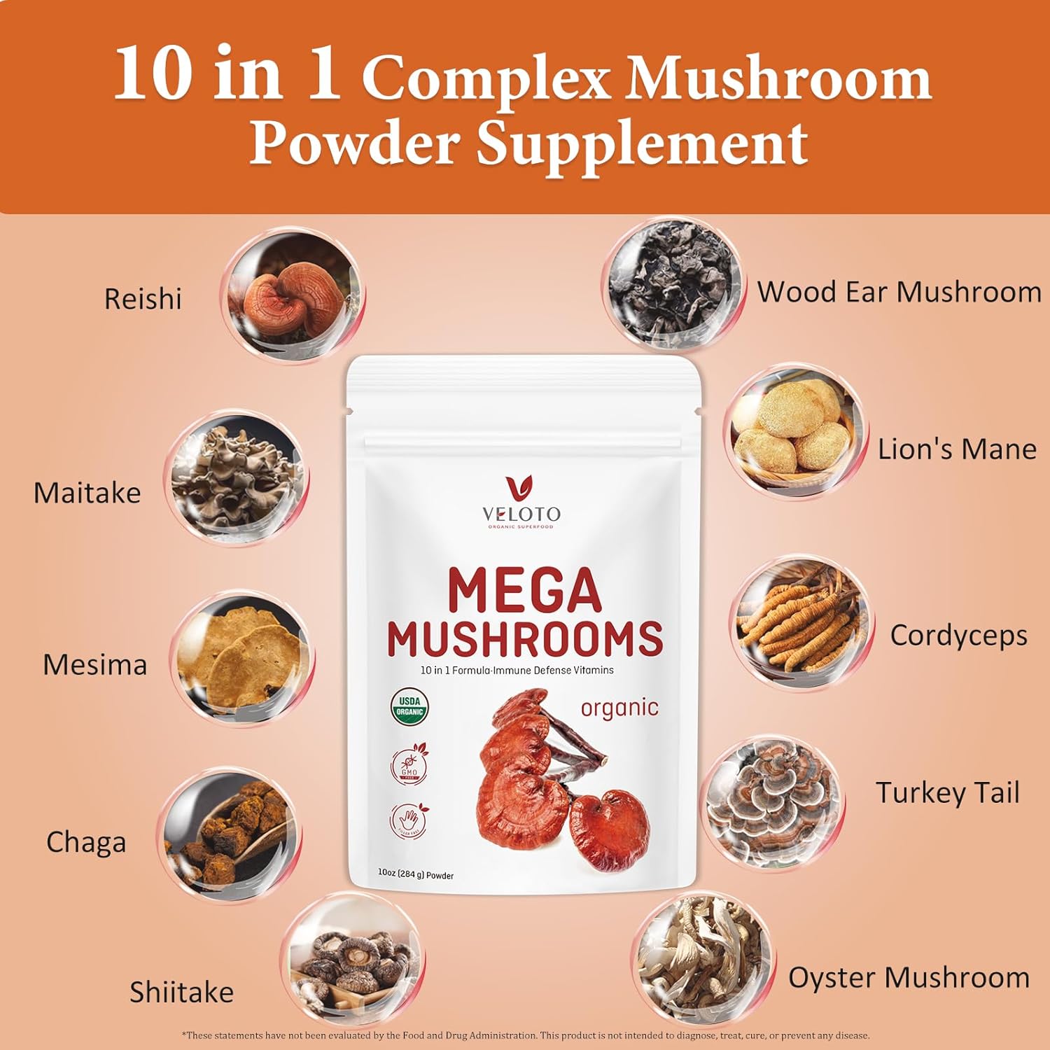 10 in 1 Organic Mushroom Extract Powder Supplement, 10oz B745812