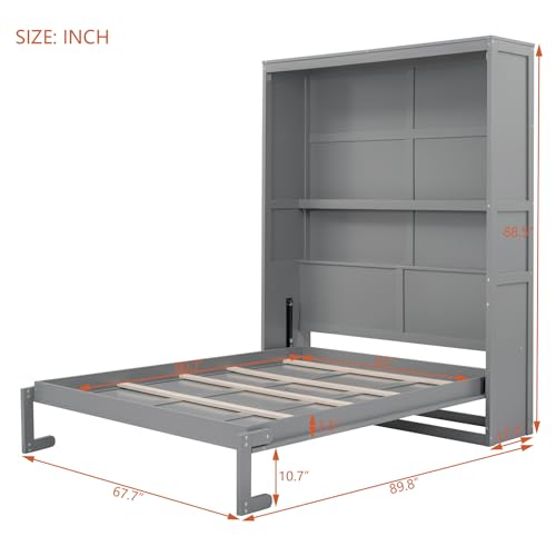 Queen Size Gray Wooden Murphy Bed with Storage Shelves N65414