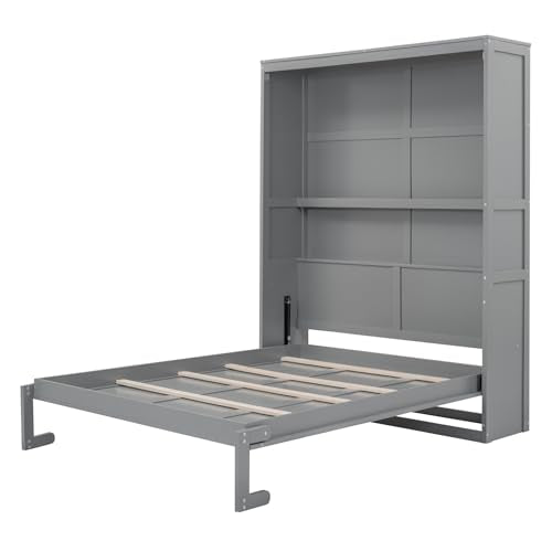 Queen Size Gray Wooden Murphy Bed with Storage Shelves N65414