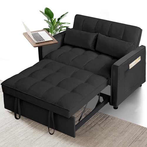 Black Velvet Convertible Sleeper Sofa Bed with 2 Pillows X46805