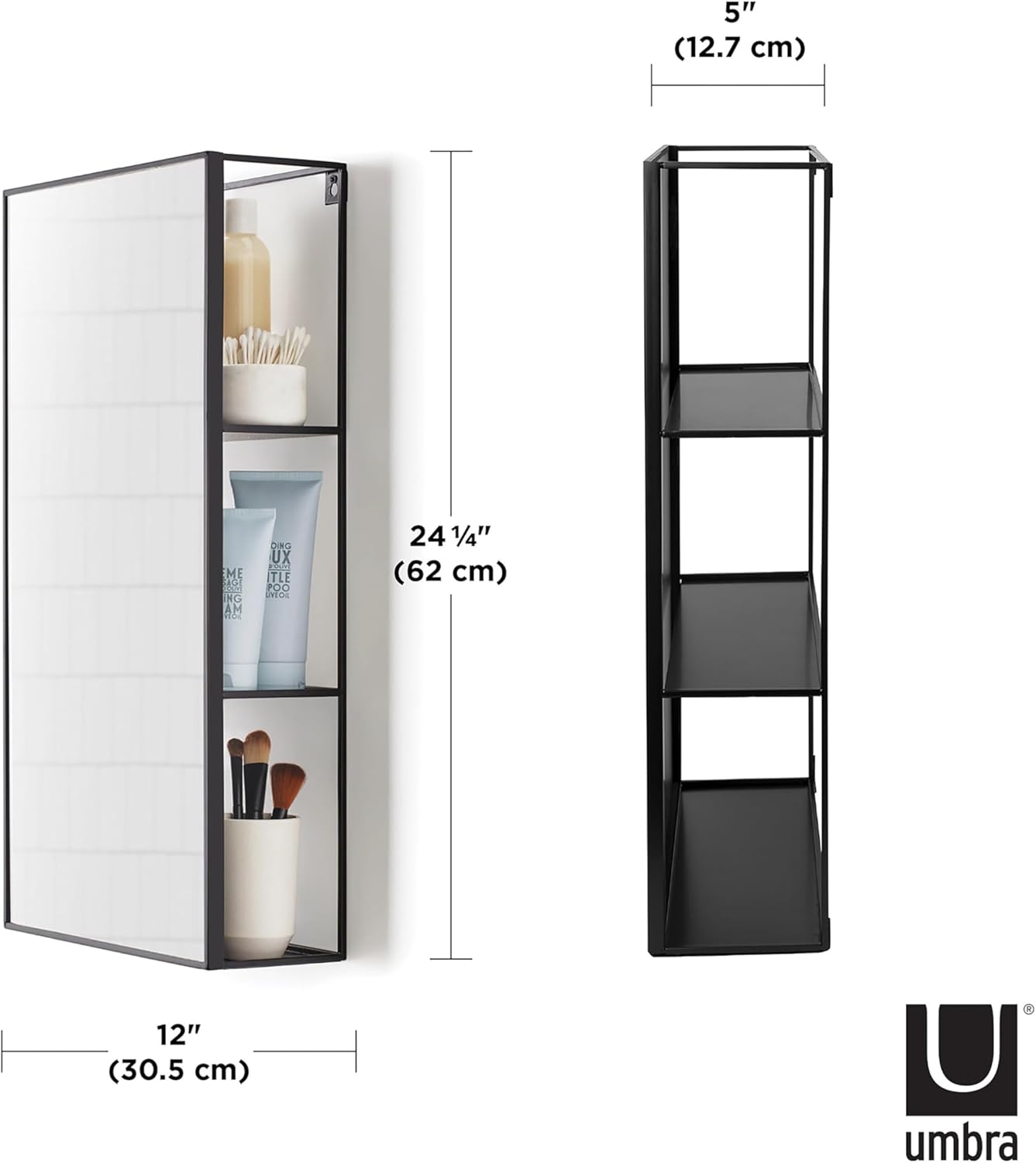 Black Metal Bathroom Mirror Storage Cabinet with 3 Shelves P255661