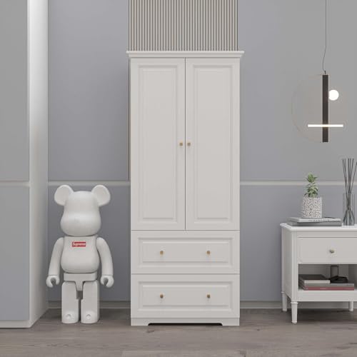 White 6-Door Large Armoire Wardrobe with 3 Drawers & 2 Hanging Rod F8729