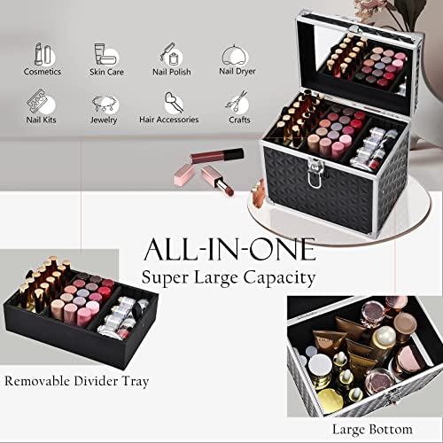 Black Portable Cosmetic Train Case with Divider Tray Mirror T997