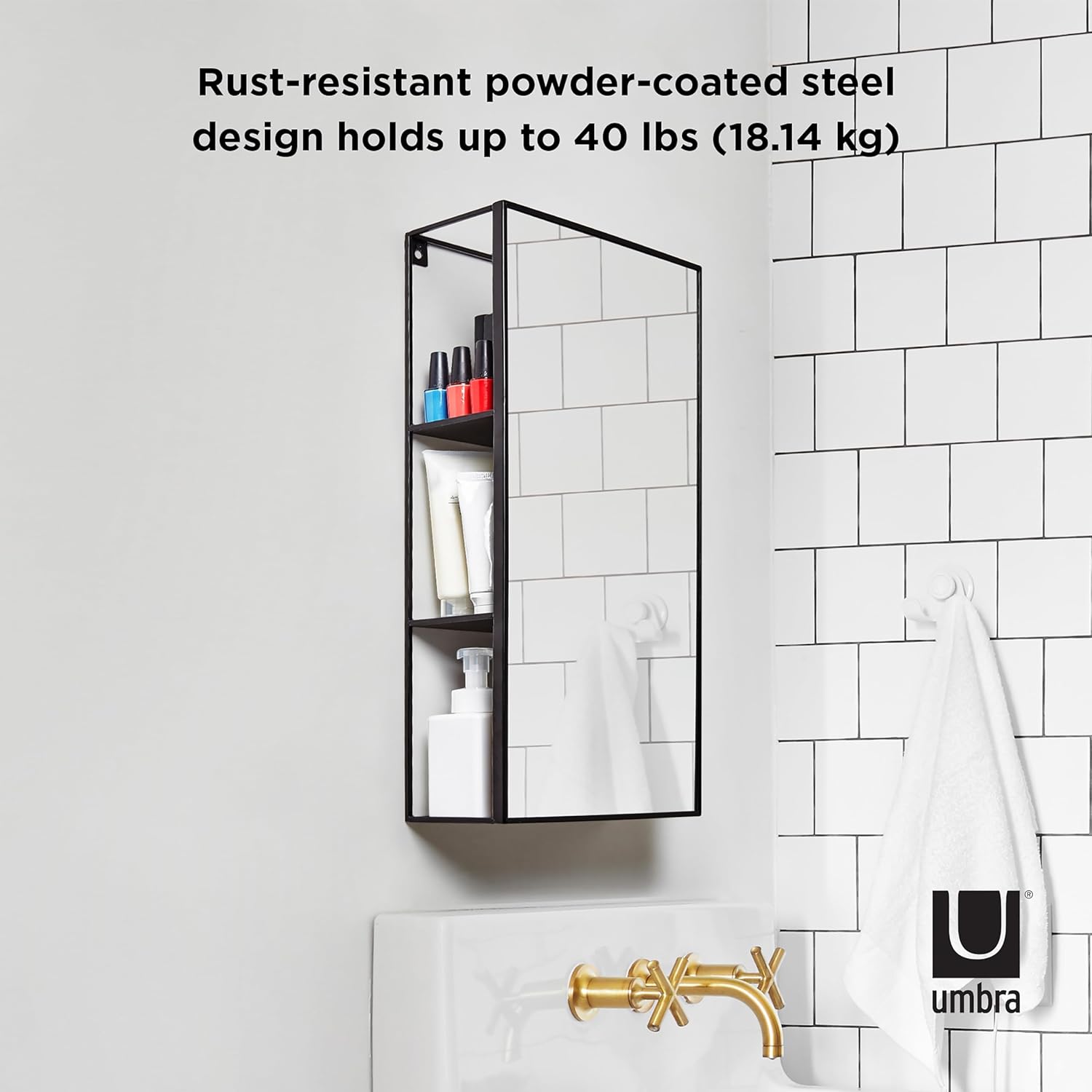 Black Metal Bathroom Mirror Storage Cabinet with 3 Shelves P255661