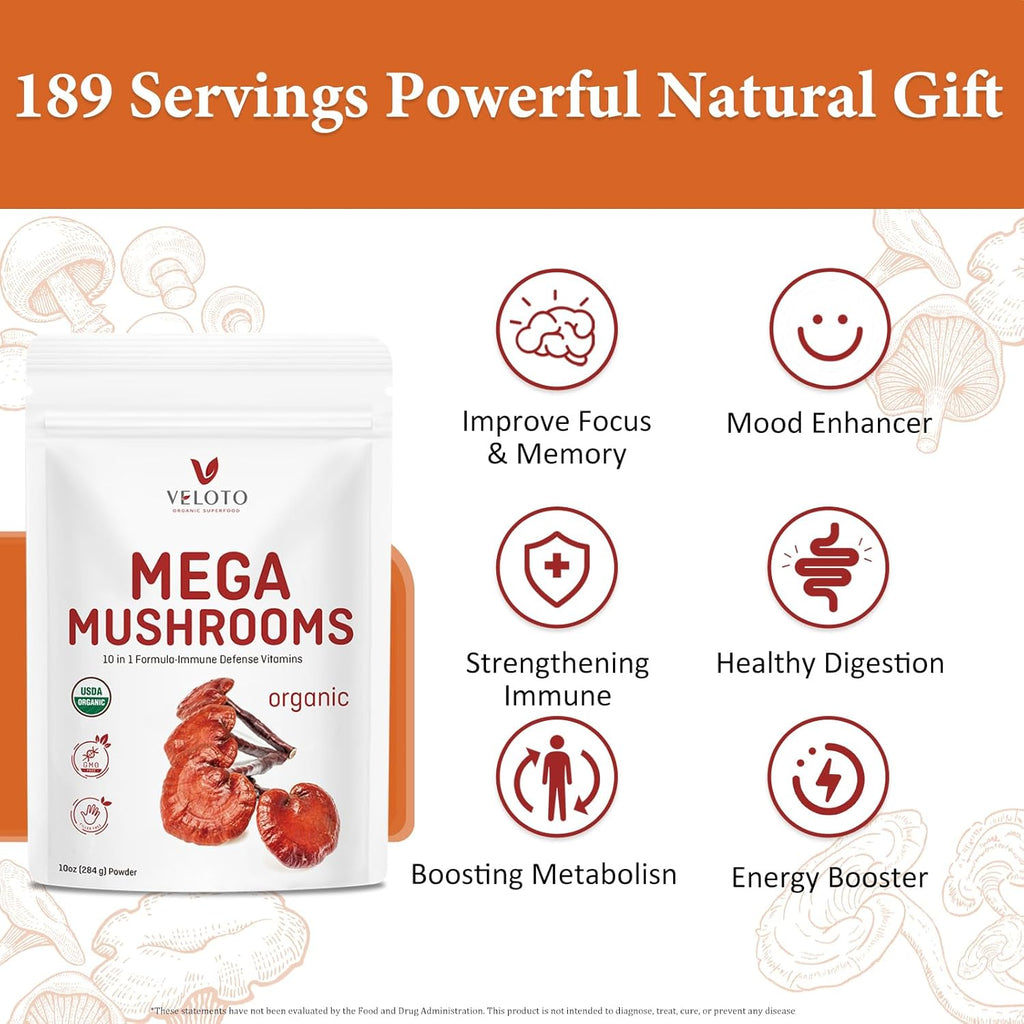 10 in 1 Organic Mushroom Extract Powder Supplement, 10oz B745812