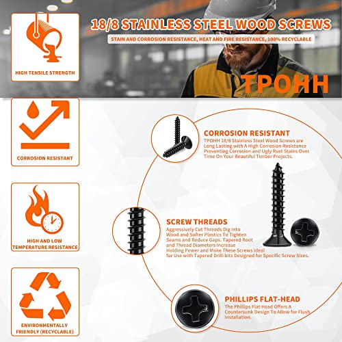 100 PCS #4 X 3/8 inch Stainless Steel Black Coated Flat Head Phillips Wood Screws S603
