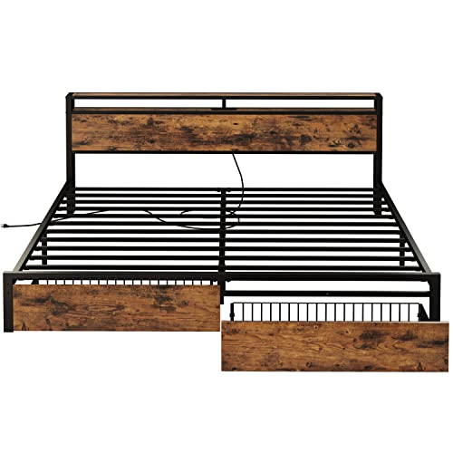 King Bed Frame with Storage Headboard, Platform Bed with Drawers and Charging Station, Vintage Brown Y3483
