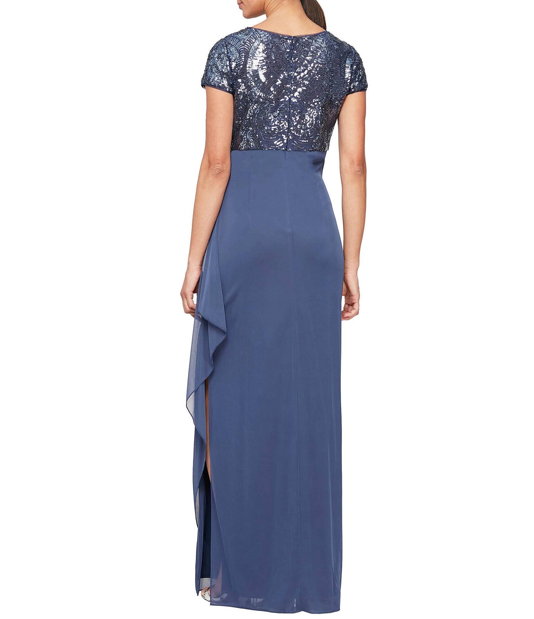 Cap Sleeve Stretch Sequin Side Ruffle Gown Z6770