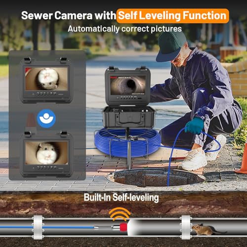 Self-Leveling Sewer Camera 100FT, 9" HD Screen Pipe Borescope Drain Inspection with 12pcs LED Light, DVR Recorder with 32GB Card, IP68 Waterproof Plumbing Cam, 7mm Cable with Depth Marker Q790515