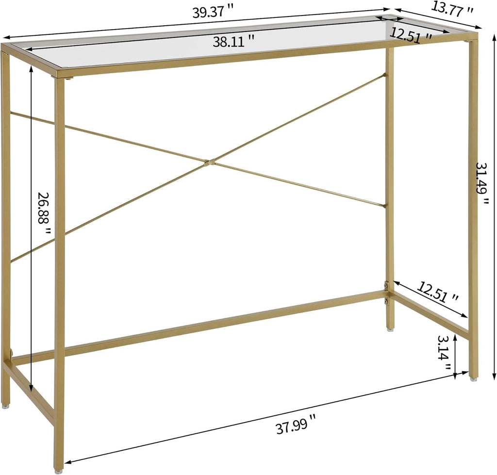 Gold 39.37" Tempered Glass Top Narrow Console Table with Metal Frame Y375194