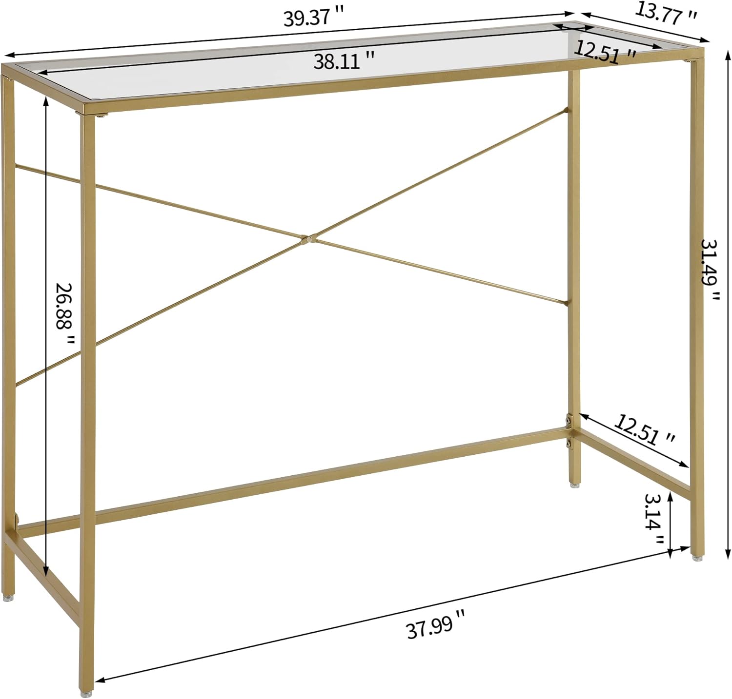Gold 39.37" Tempered Glass Top Narrow Console Table with Metal Frame Y375194