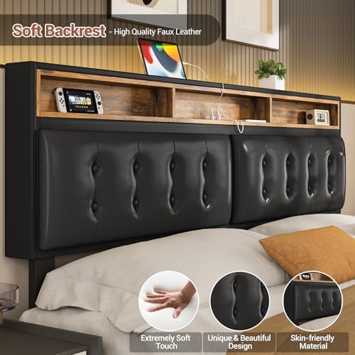 California King Floating Bed Frame with LED Lights, Headboard and Charging Station, Faux Leather Black V3651