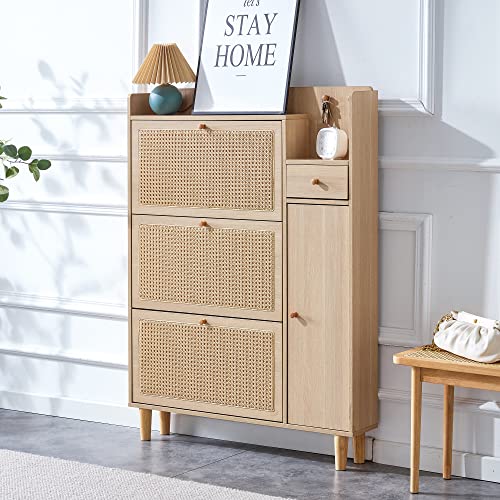Shoe Cabinet Storage with Rattan Doors & Adjustable Shelves Y84746