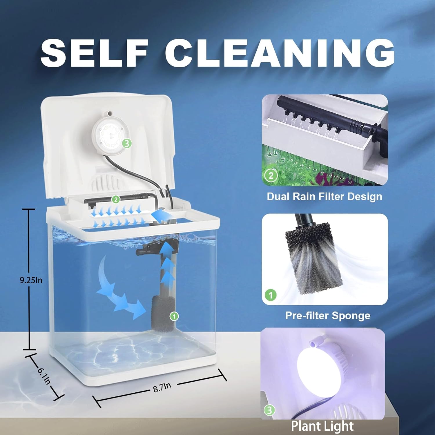 White 2 Gallon Self Cleaning HD Float Glass Aquarium with Filter and Light K652