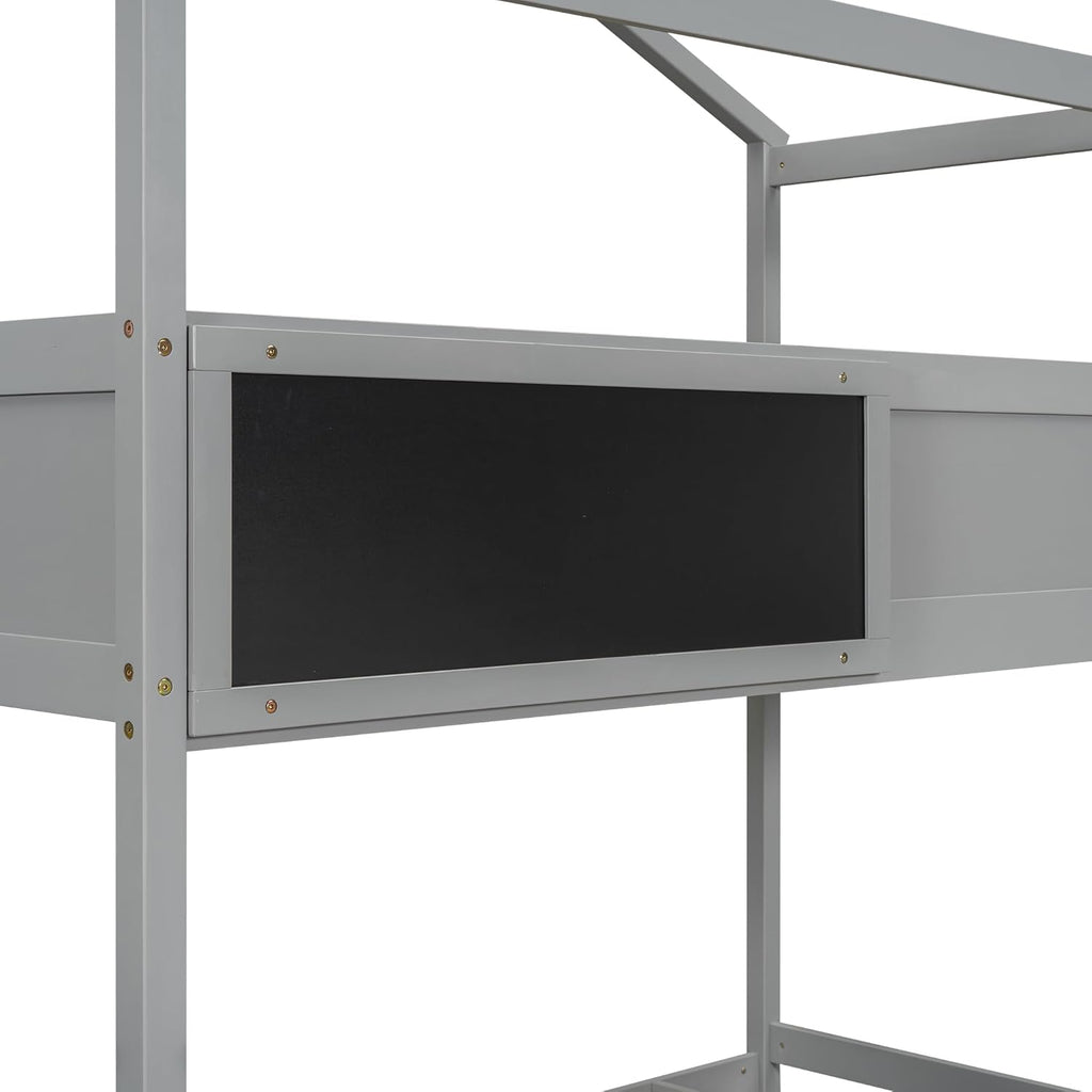 Gray Wood L-Shaped Twin Over Full Bunk Bed with Storage Stairs and Blackboard N15809