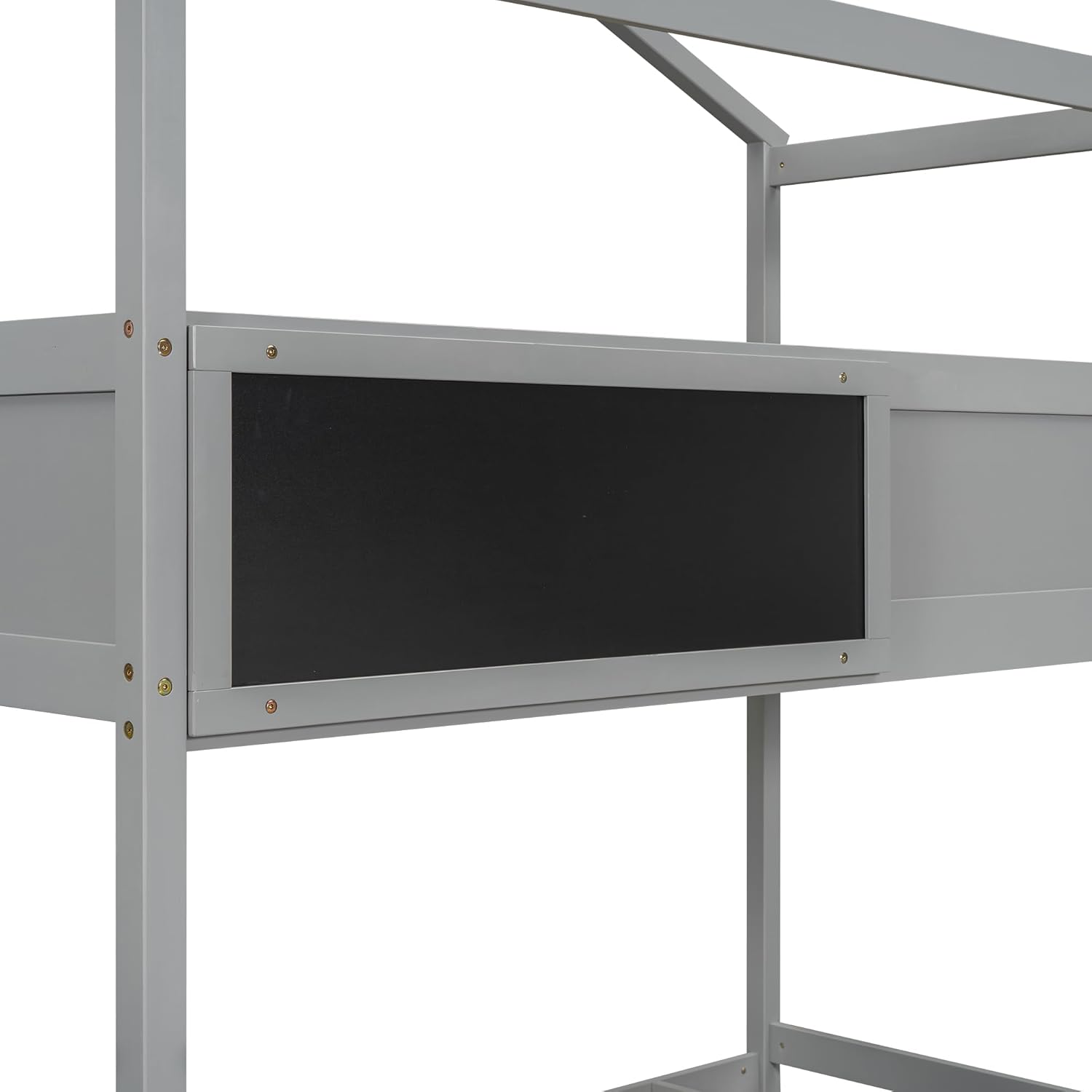 Gray Wood L-Shaped Twin Over Full Bunk Bed with Storage Stairs and Blackboard N15809