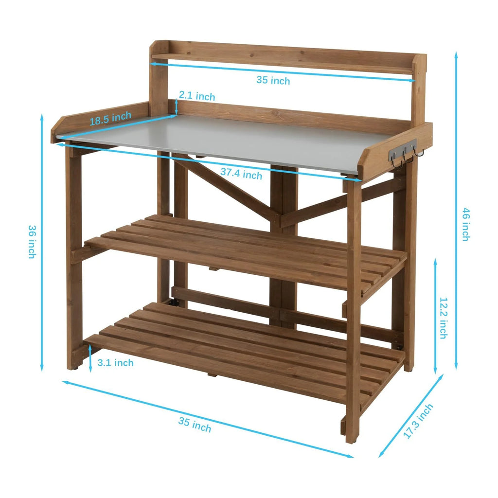 Folding Potting Bench Table with Galvanized Tabletop 2 Tier Storage Shelves X3242
