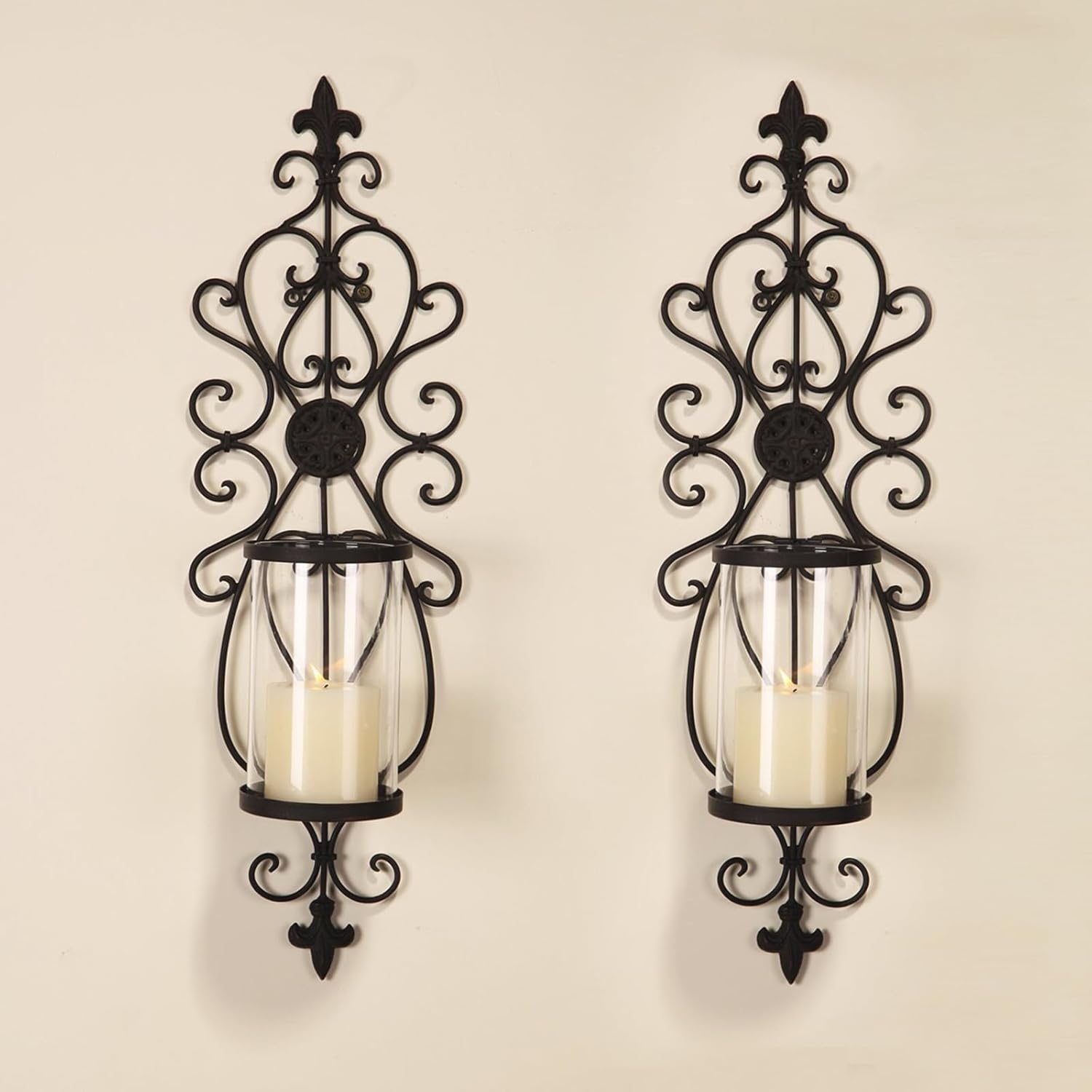 Set of 2 Antique Dark Brown Iron and Glass Wall Candle Sconces T29189
