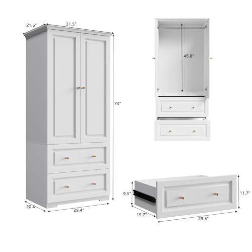 White 6-Door Large Armoire Wardrobe with 3 Drawers & 2 Hanging Rod F8729