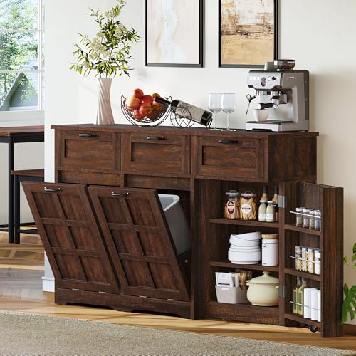 Brown Oak Double Trash Can Cabinet with Drawers F9342