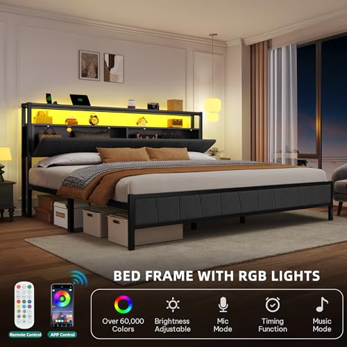 Gray Queen Upholstered Bed Frame with Storage Headboard N5466