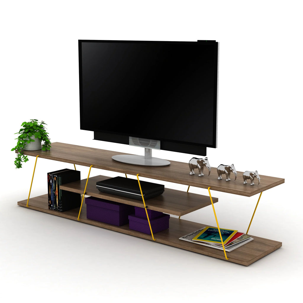 Walnut Yellow 56 inch Low Tv Stand with 4 Shelves H59708