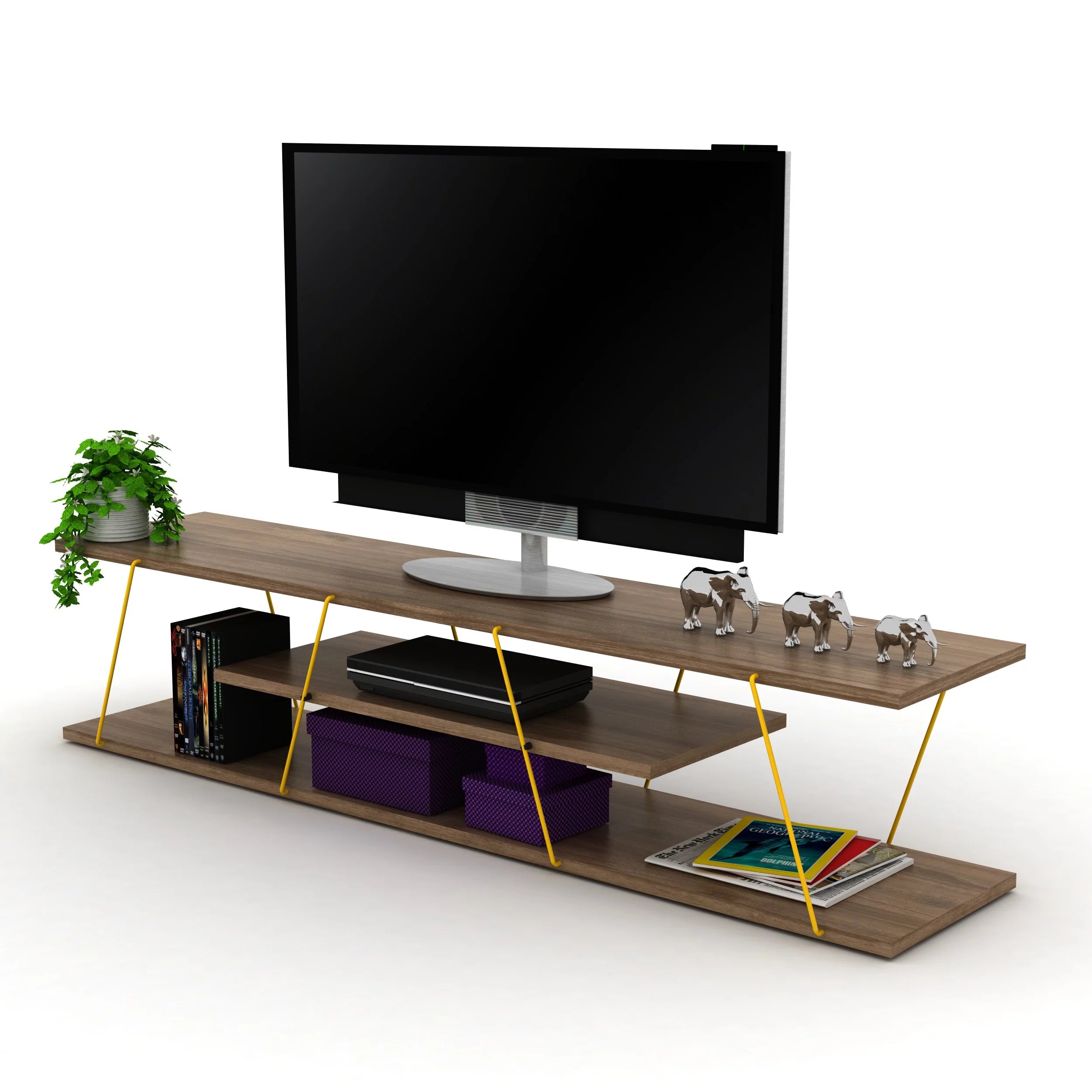 Walnut Yellow 56 inch Low Tv Stand with 4 Shelves H59708