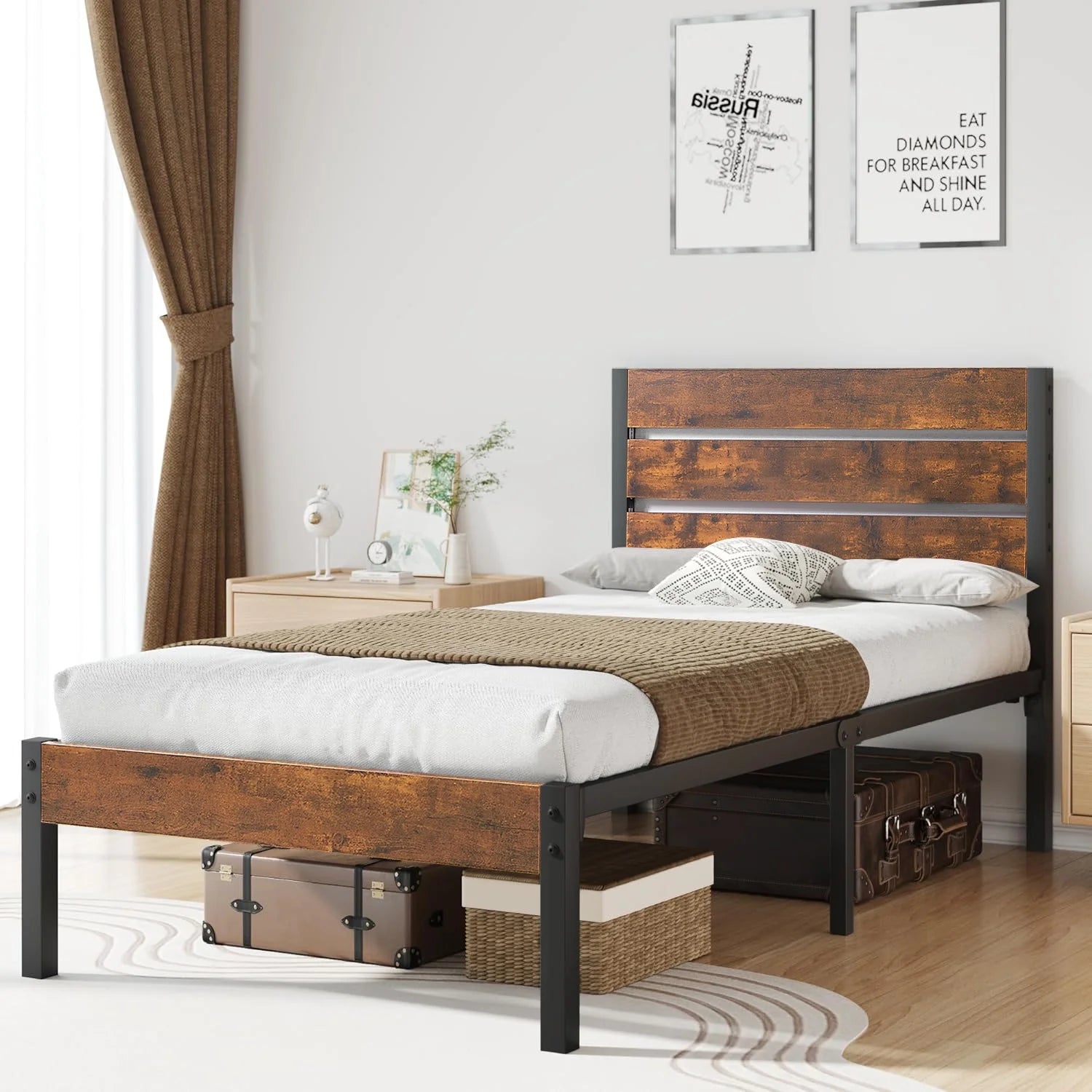 Brown Twin Bed Frame with Wooden Headboard and Metal Slats W915852